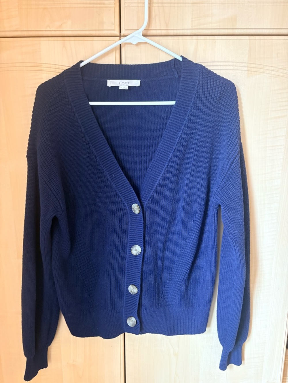 LOFT Navy Blue Ribbed Button-Up V-Neck Cardigan